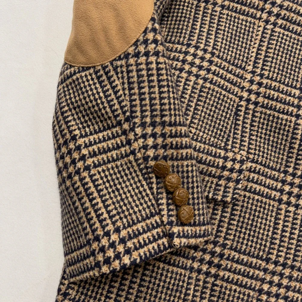Lanvin Sport Coat Camel Hair Glen Plaid Elbow Patches Tan Mens 48R